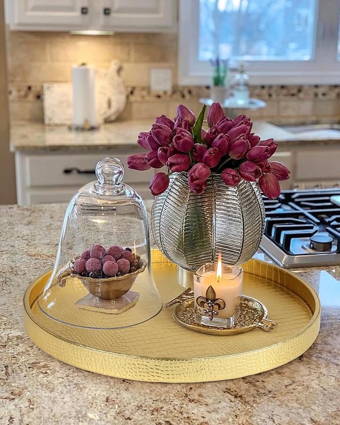 HofferRuffer Round Serving Tray 20'', Elegant Faux Leather Circle Ottoman Table Tray, Serve Tea Coffee Breakfast in Bedroom Living Room Kitchen (Gold, 20")