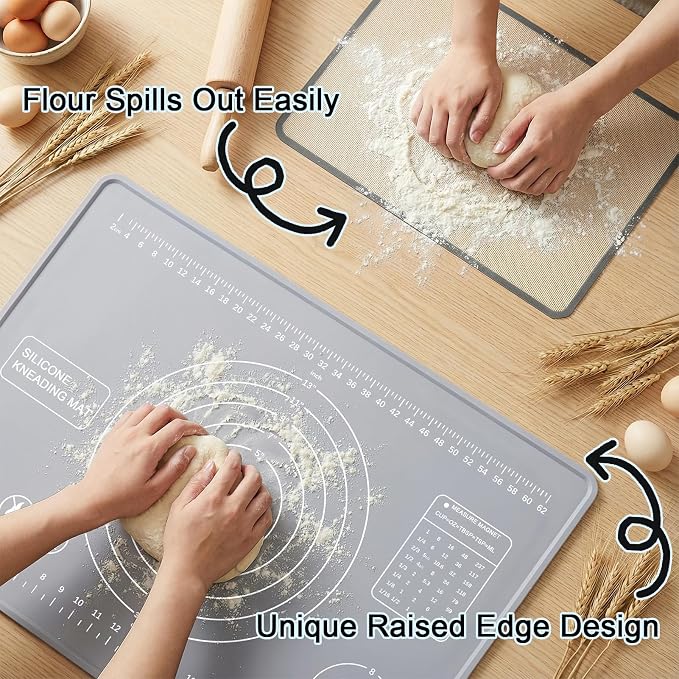 Silicone Pastry Mat 28" x 20" Extra Thick Silicone Baking Mat with Measurements and Edge Heightening Non-stick Food Grade Dough Rolling Mat Kneading Sheet for Pastry, Bread, Cookies (Light Gray)