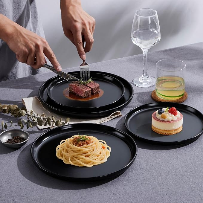 LIANYU Dinnerware Plates and Bowls, 24 Piece Dishes Set for 8, Black Onyx | Dishwasher and Microwave Safe Stoneware Dinning Ware Set, Ceramic Dinner Salad Plates and Cereal Bowls, Scratch Resistant