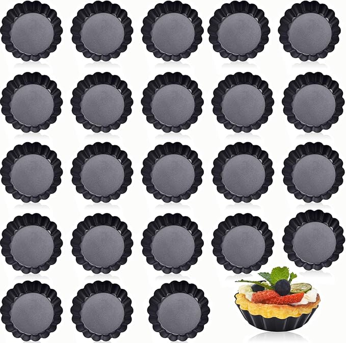 DATANYA 24Packs Mini Tart Pans 3 Inch with Removable Botttom, Carbon Steel Fluted Tart Tin Shell Mold Round Nonstick 3'' Quiche Pans for Pies, Mousse Cakes, Dessert Baking