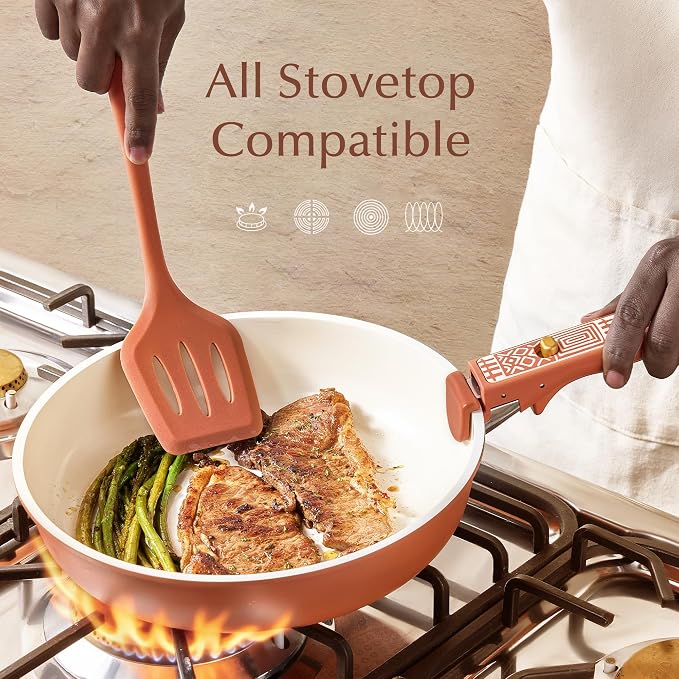 CAROTE 21pcs Ceramic Cookware Set, Pots and Pans Set with Detachable Handle | Non-Stick, Non-Toxic, PFAS&PFOA Free, Induction Compatible, Dishwasher & Oven Safe, Space Saving, Camping Cooking, Terracotta