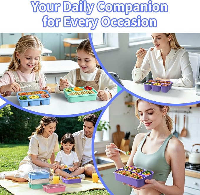 Bento Box 5-Pack, 4-Compartment Lunch Box for Women, Men & Kids, BPA-Free Wheat Straw Snack Containers, Ideal for Meal Prep, Travel, School, Work (Pink)