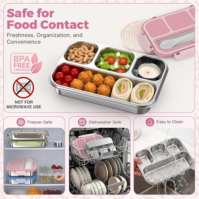 Stainless Steel Bento Box Adult Kids, Leakproof Metal Lunch Box Containers 4 Compartments, 32 Oz Reusable Food Storage Containers for Office and School, Pink