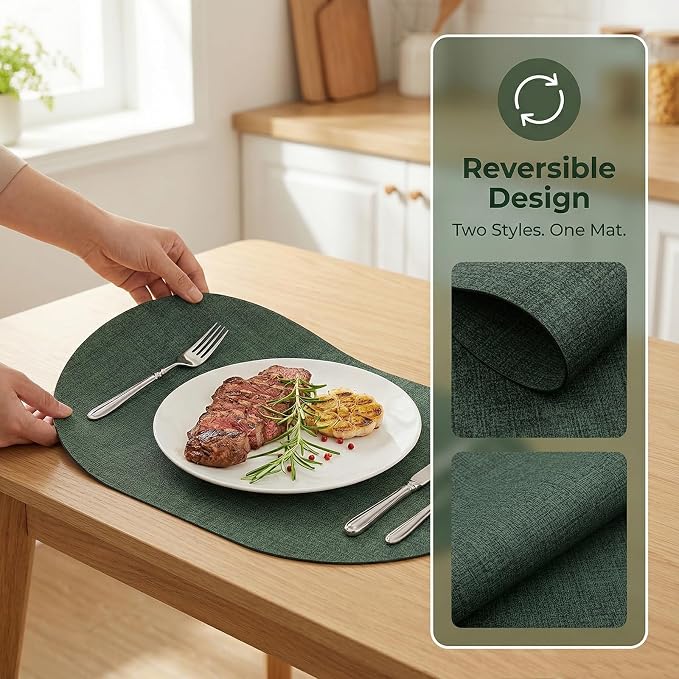 Placemats Set of 6 - Washable Heat Resistant Table Placemats - Wipeable Faux Leather Oval Place Mats, Waterproof Table Mats for Dining Table, Green