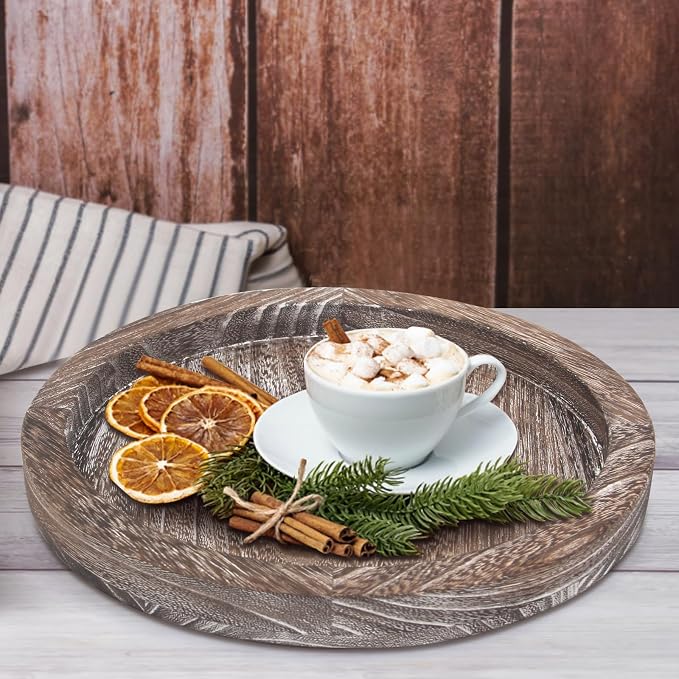 Round Wood Trays Home Decor Farmhouse Coffee Table Centerpieces Decorative | Circle Small Wooden Candle Holder Rustic Living Room Dining Table Decorations Boho Kitchen Bathroom Counter Dresser Tray