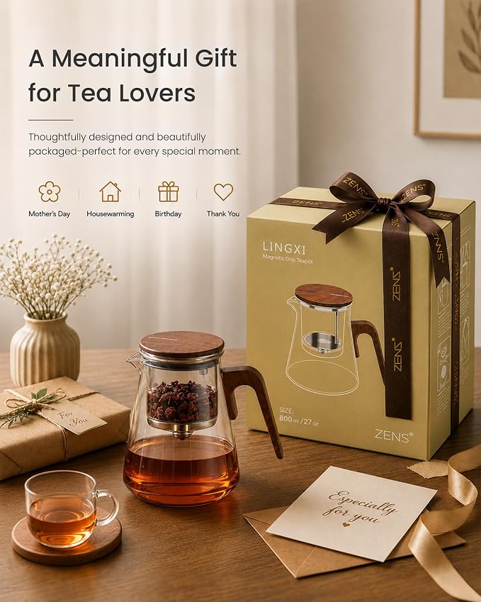 ZENS Magnetic Glass Infuser Teapot for Loose Tea, 27oz Walnut Wood Handle | Magic Teapot with Infuser, Echanted Tea Maker, Mess-Free Loose Leaf Tea Diffusers for Tea lover Gifts