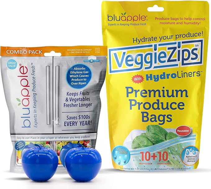 Bluapple Produce Saver Ethylene Gas Absorber - Fresh Fruit & Vegetable Storage with VeggieZips Humidity Control Storage Bag, Kitchen Must Haves, Produce Storage, Minimizes Waste, BPA Free - Value Pack