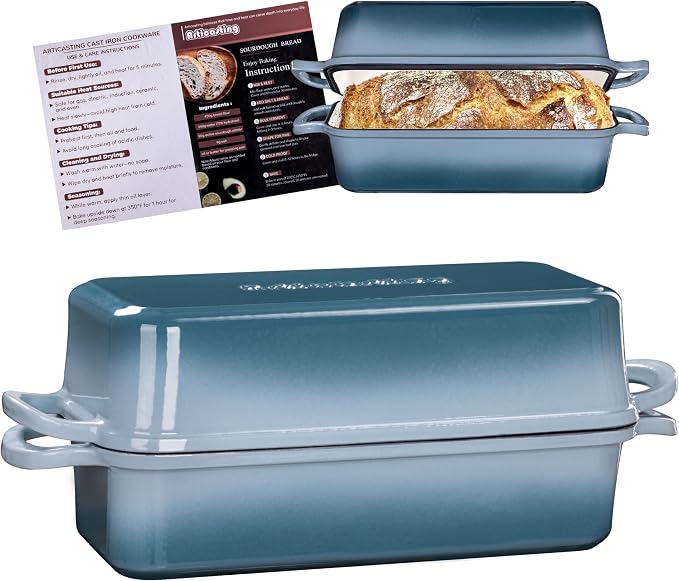 Cast Iron Loaf Pan with Lid, 11x5 Inch 5.8 Qt Sourdough Pan | Dutch Oven Bread Pan with lid, Large Cast Iron Loaf Pan for Sourdough Bread, 11x5 Size, 2-in-1 Design, Crispy Crust, Seasalt