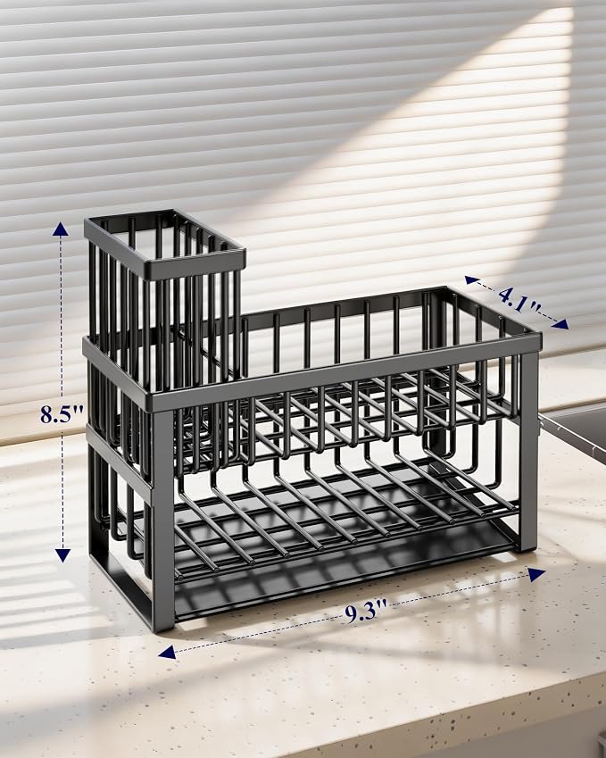 Kitsure Sponge Holder for Kitchen Sink, 9.3" x 4.1" x 8.5", Black | Kitchen Sink Caddy, Home Decor Accessories, Stainless Steel, High Brush Holder