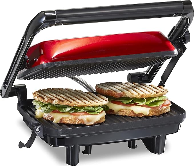 Hamilton Beach Electric Panini Press Grill with Locking Lid, Opens 180 Degrees for Any Sandwich Thickness, Nonstick 8" X 10" Grids, Red (25462Z) | Floating Hinge Evenly Cooks Any Sandwich | Locking Lid | PFAS-Free Non-Stick 8" x 10" Grids | Red
