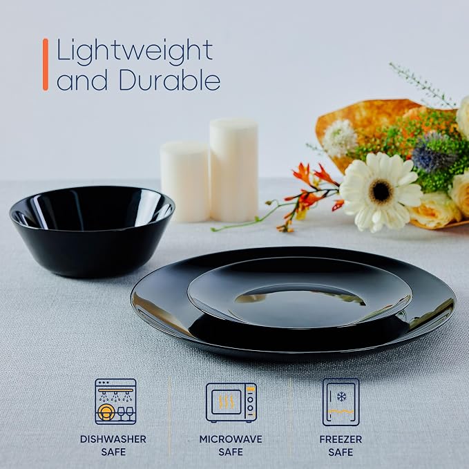 Dinnerware Sets for 4, 12 Piece Black Opal Glass Dish Set | Plates and bowls with dishwasher and microwave safe features, chip and scratch resistant dishware for everyday use