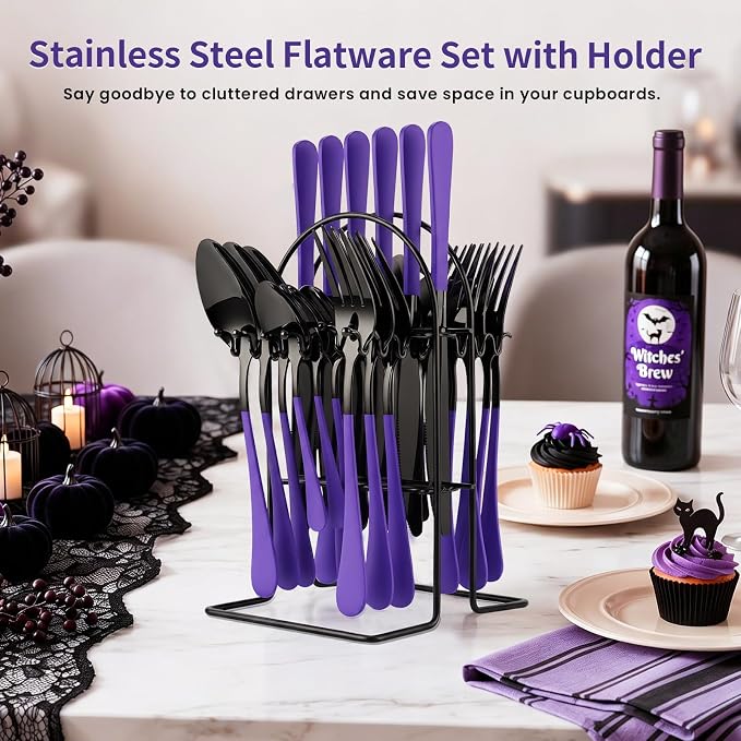 Black and Purple Flatware Set with Holder, 24-Piece Stainless Steel Silverware Set Service for 6, Mirror-Polished Spoons Forks Knives Cutlery Set for Home, Kitchen, Restaurant (Purple-Black)