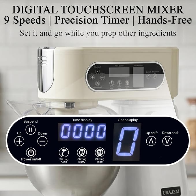 5.3 Qt 9-Speed Tilt-Head Stand Mixer, Multi-Function Electric Mixer | 3 Mixing Attachments, Meat Grinder & Vegetable Slicer, Stainless Steel Bowl, Splash Guard, Easy Clean, Almond Cream