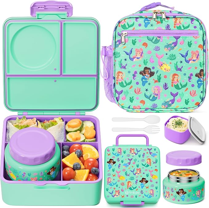 Fimibuke 60oz Kids Bento lunch Box with Insulated Lunch Bag & 8.5oz Thermo | Leakproof 3-4 Compartment Toddler Kids Lunch Box Food Container w/ Utensils, Sauce Cup for School Boys Girls, Dishwasher Safe