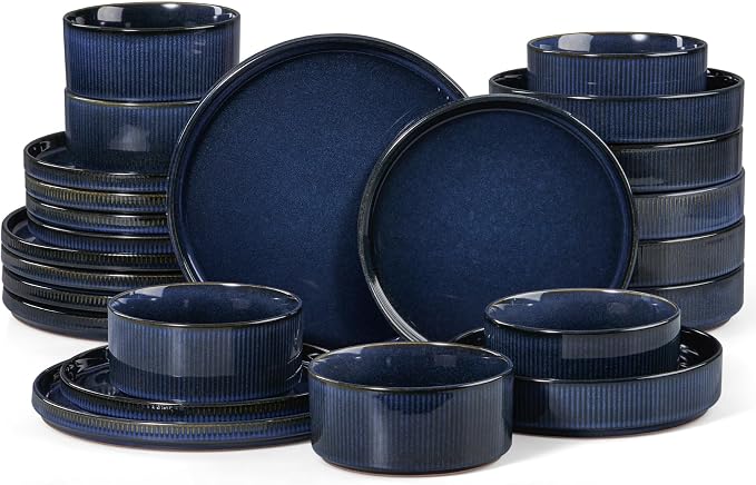 LIANYU 24 Piece Dinnerware Sets with Pasta Bowls for 6, Ribbed Dishes Plates and Bowls Set, Microwave & Dishwasher Safe Ceramic Stoneware for Home Kitchen, Scratch and Chip Resistance, Twilight Blue