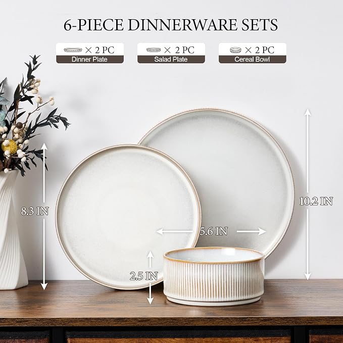 E-far Stoneware Dinnerware Sets for 2, 6-Piece Plates and Bowls Sets, Beige | Plate Set for 2, Chip & Scratch Resistant Ribbed Dish Set for Home Restaurant, Microwave & Dishwasher Safe, Creamy Beige