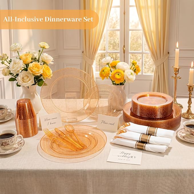 DaYammi 210PCS Orange Glitter Plastic Dinnerware Set for 30 Guests, Fancy Disposable Plates for Party, Include: 30 Dinner Plates, 30 Dessert Plates, 30 Pre Rolled Napkins with Silverware, 30 Cups