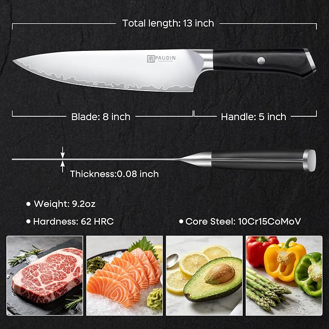 PAUDIN Chef Knife 8 Inch, Ultra Sharp Kitchen Knife 62 HRC, Multi-Layer High Carbon Steel Professional Chefs Knife with Full Tang Ergonomic Wood Handle, Meat Vegetable Slicing Knife,Gift for Men Women