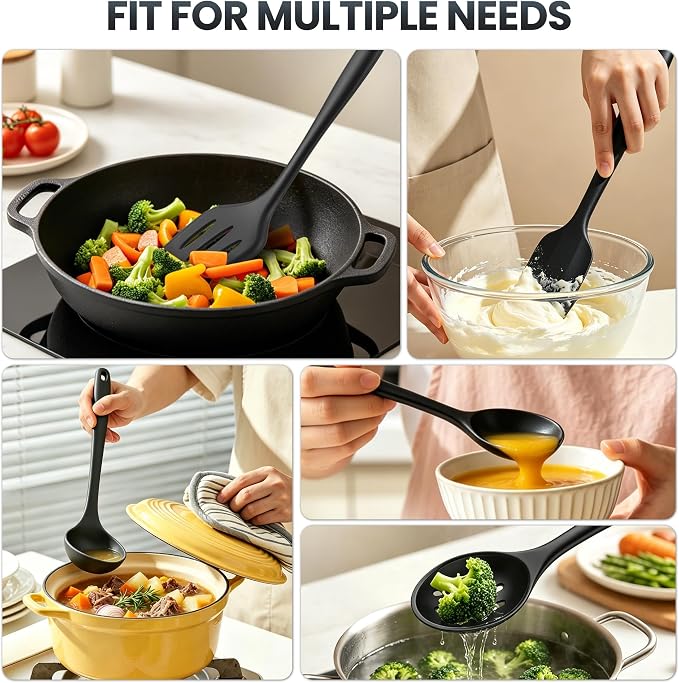 5PCS Silicone Kitchen Utensils Set, Non Stick Cooking Tools, Black | Silicone Spatula/Turner/Spoons/Soup Ladle | Heat Resistant | Dishawasher Safe