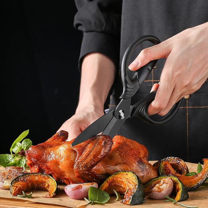 Heavy Duty Kitchen Scissors, Titanium Coated All Purpose Shears - Extra Sharp Detachable Blades for Poultry, Chicken Bones, Meat, Vegetables, Herbs | Micro Serrated & Ergonomic Handle