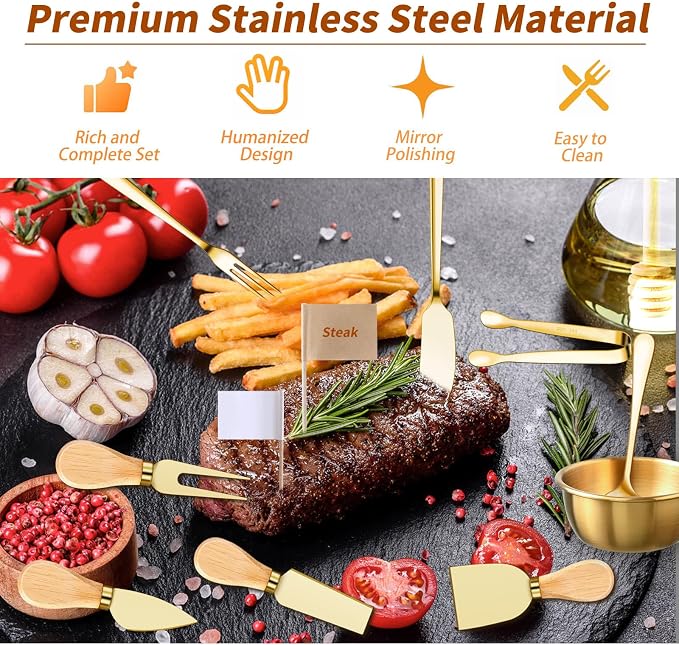 48 Pcs Charcuterie Boards Accessories Butter Spreader Knives Set Stainless Steel Cheese Mini Serving Tongs Spoons Forks Dipping Bowls Toothpick Flags Utensils for Pastry Making Wedding Christmas(Gold)