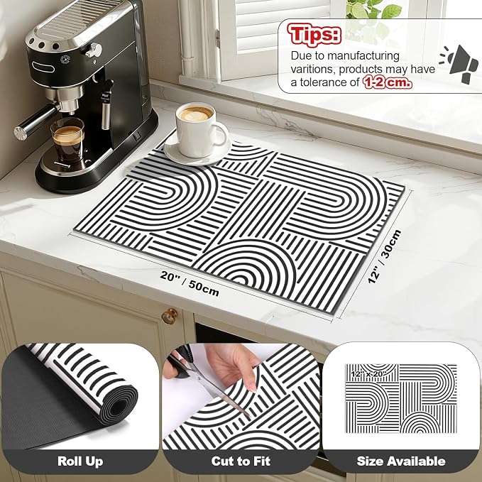 Findosom Dish Drying Mat, 12" x 20" Super Absorbent Dish Mat with Modern Geometric Striped, Hide Stain Drying Mat for Kitchen Counter, Under Dish Rack, Coffee Maker, Espresso Machine, Black & White