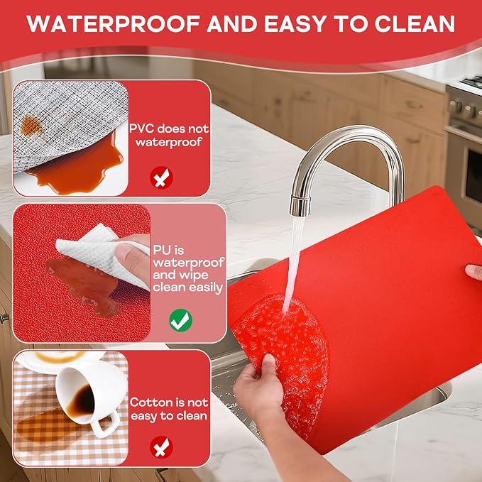 Faux Leather Placemats Set of 6 Waterproof Table Mats with Coaster | 17×12 In Heat Resistant Place Mats Set of 6 Wipebale & Washable Table Placemats for Kitchen Dining Indoor & Outdoor BrightRed