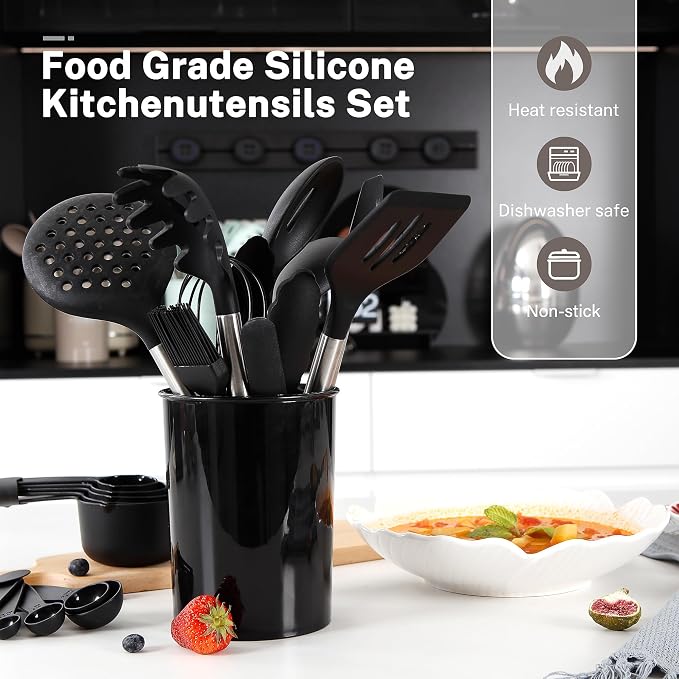 QMVESS Silicone Cooking Utensils Set, 28 Pcs Non-Stick Kitchen Utensils Set with Holder, 446°F Heat Resistant Spatula, Tongs, Spoons Set with Stainless Steel Handle Kitchen Gadgets (Black)