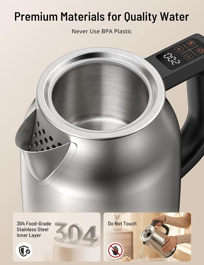 airyoyo EK024 Stainless Steel Electric Kettle, 1.7L 1500W Kettle with 13 Temperature Settings, Strix Thermostat, LED Display&Touch Control, Auto Shut-Off Protection, Boil Dry Protection