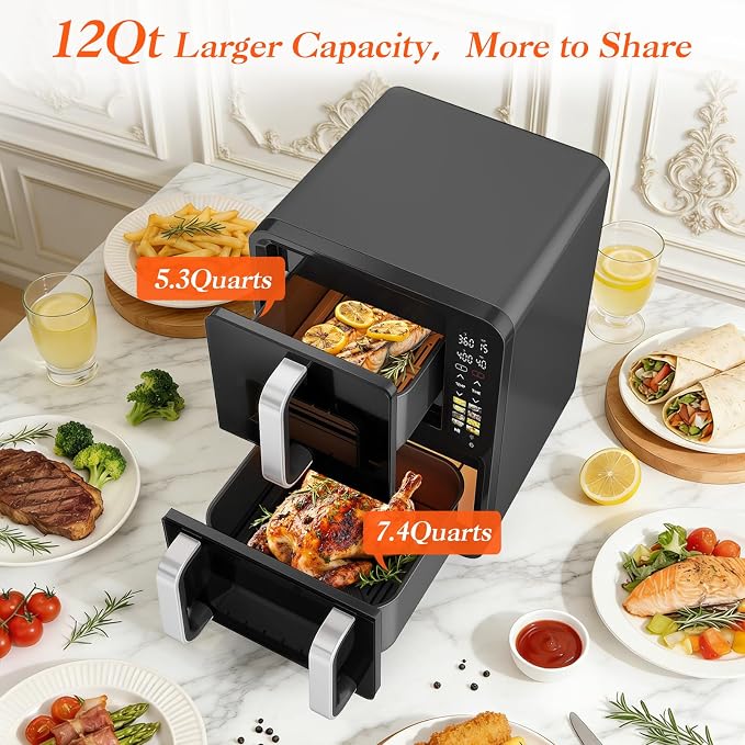 12QT Double Air Fryer with 2 Stacked Racks, Dual Basket Air Fryers | Feeds Up to 10 People, 8-in-1 Presets with Digital Touchscreen to Free DIY, Compact Design, Easy to Clean, Black
