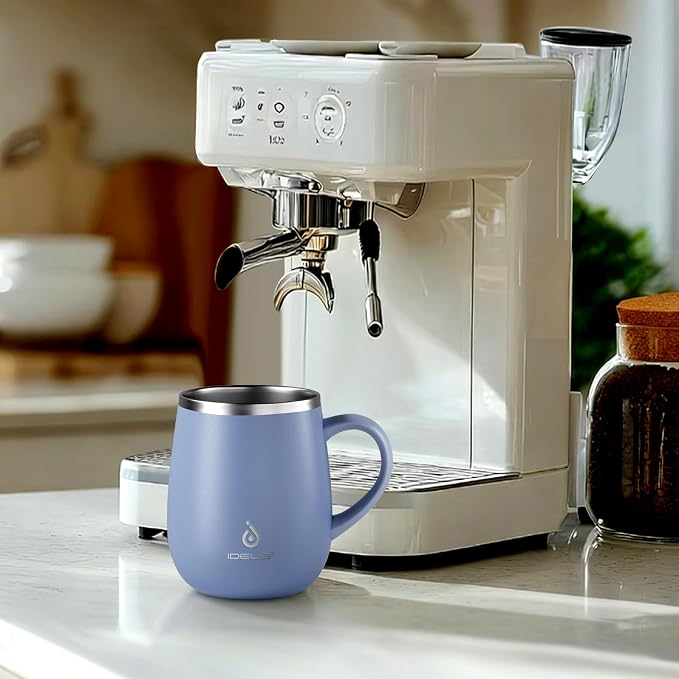 Ideus 16 oz Insulated Coffee Mug with Handle and Lid, Double Wall Stainless Steel Vacuum Thermal Coffee Mug, Travel Coffee Cup Thermal Cup for Home and Office, Ocean Blue 2.0