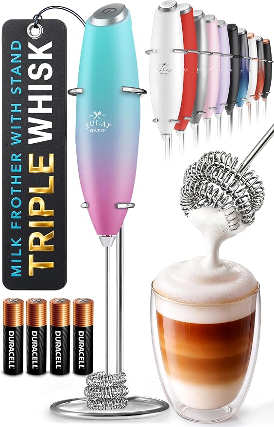 Zulay Kitchen Powerful Milk Frother Wand With Duracell Batteries - Ultra Fast Handheld Drink Mixer - Electric Whisk Foam Maker for Coffee, Lattes, Cappuccino & Matcha - Triple Whisk - Pink Rose
