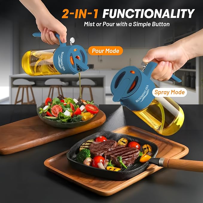 2-in-1 Oil Sprayer and Dispenser – 550ml Glass Olive Oil Bottle with Spray and Pour Modes – BPA-Free, Leakproof, Kitchen Oil Mister for Cooking, Air Fryer, BBQ (Deep Blue)