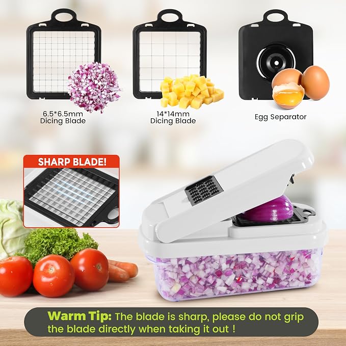 Yusshn Vegetable Chopper, 12-in-1 Food Veggie Chopper Cutter with Container | 7 Sharp Blades Dice, Slice, Shred and Grate for Salads, Onions and Meal Prep, with a Non-Slip Base and Drain Basket