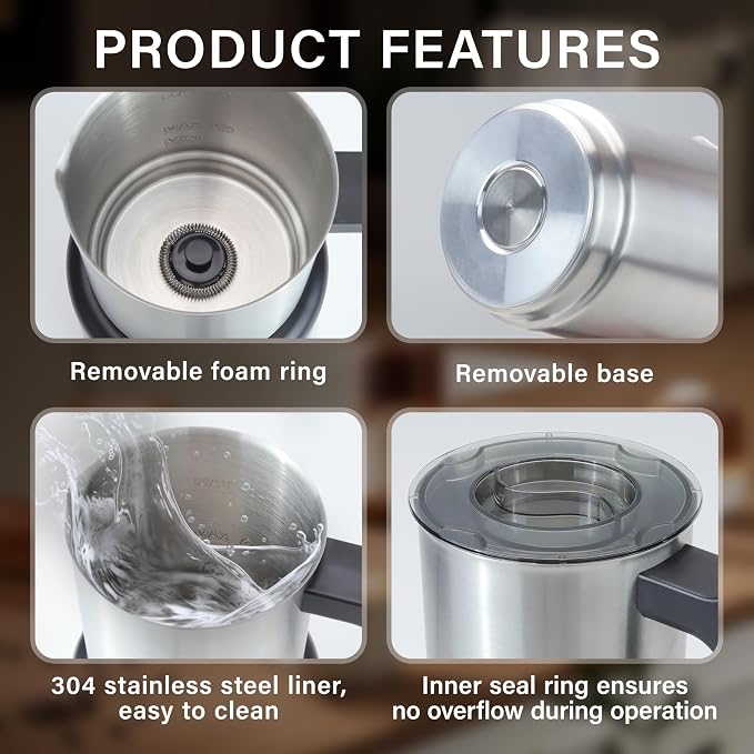 4 in 1 Milk Frother and Steamer, 500ml Stainless Steel Electric Foam Maker | Dial Control & LED Indicator, Hot & Cold Milk Frother, Non-Stick, Silent, Dishwasher Safe, Latte, Macchiato, Hot Chocolate