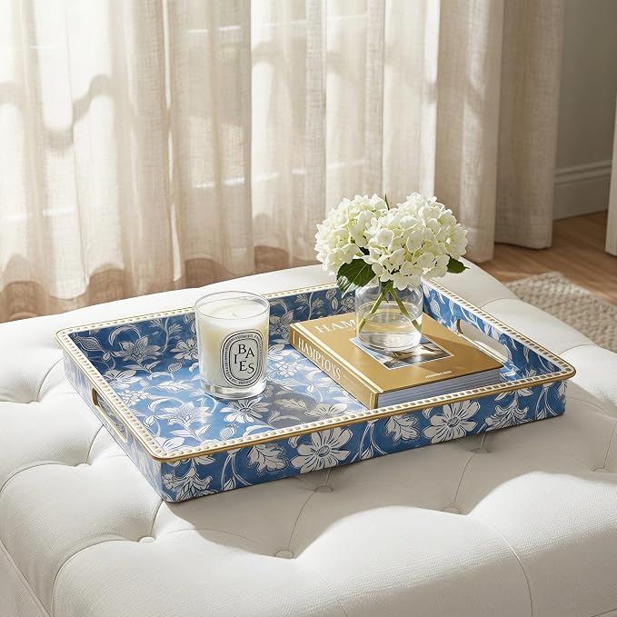 Rectangular Decorative Serving Tray with Handles,Vintage Blue White Floral Pattern Gold Trim Glossy Ottoman Coffee Table Tray,Multipurpose Vanity Tray for Jewelry Home Decor. 15.7" x 11.8"