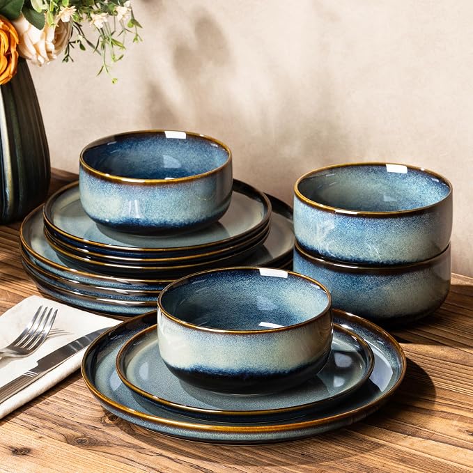 Ceramic Dinnerware Set for 4, 12-Piece Plates and Bowls Set | Handmade Reactive Glaze Dish Set, Scratch Resistant, Oven & Microwave & Dishwasher Safe, Denim Blue
