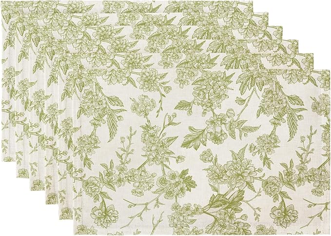 QIYI Boho Table Placemats Set of 6, 12"x18" Linen Place Mats, Green Blooms | Fabric Place Mats for Kitchen Dinning, Farmhouse Rustic Cloth Table Mats, Washable Placemat Party Table Décor