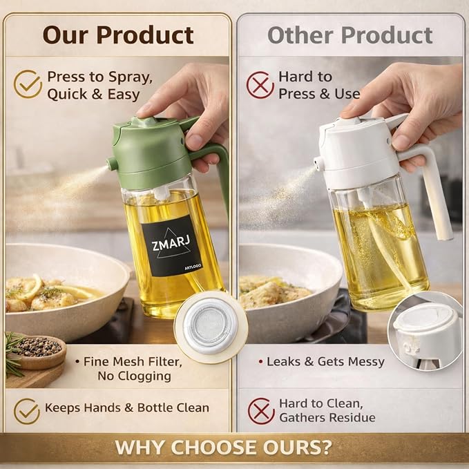 Oil Sprayer for Cooking and Pourer Olive Oil Dispenser For kitchen-Spray Bottle with Fine Mist Oil Sprayer & Controlled Pour Spout For Frying,Salads,BBQ 16oz/470ml Glass Bottle(Green)