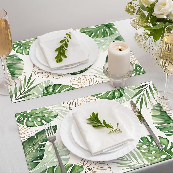 Bonhause Tropical Palm Leaves Monstera Placemats Set of 4, 12x18 Inch Summer Hawaiian Green Plants Kitchen Dining Table Mats Washable Place Mats for Indoor Outdoor Home Party Decor