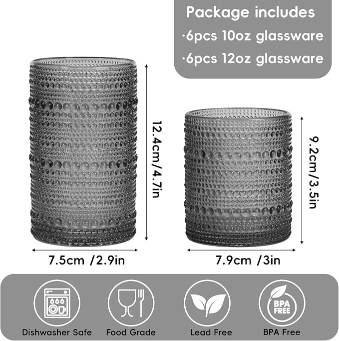 Moretoes 12 Pack Hobnail Drinking Glasses Gray Water Glass Cups Set | Mixed Vintage Glassware 6pcs 12oz Highballs & 6pcs 10oz Old Fashioned Glasses, Great for Cocktail Whisky and Other Beverages