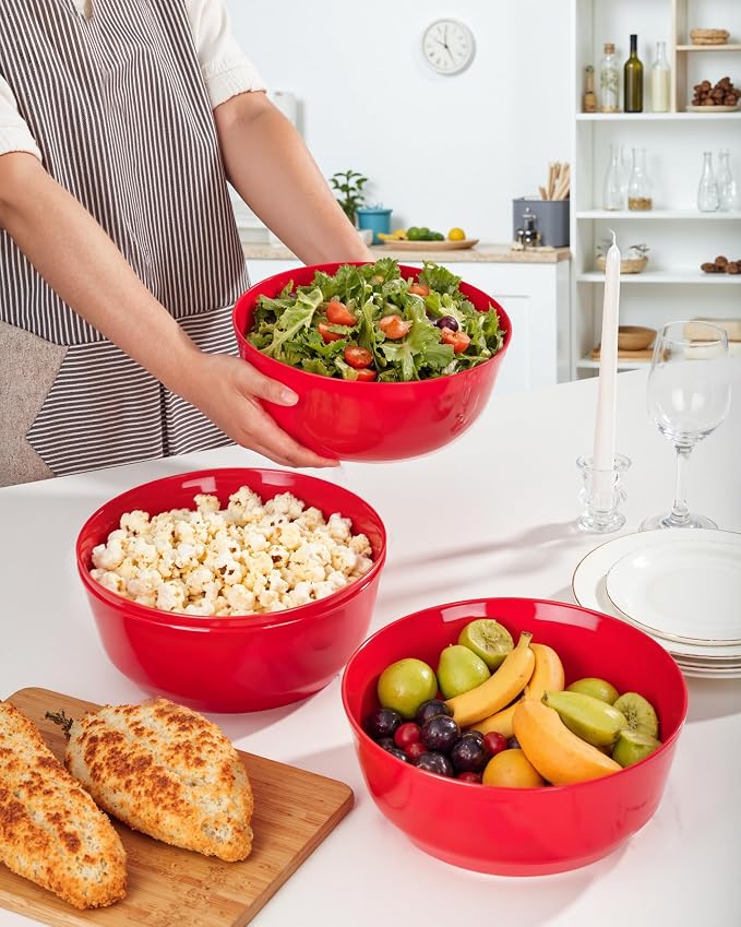 8 Pack Red Serving Bowls for Pool Party | 128oz Heavy Duty Disposable Plastic Bowls, Perfect for Party Snack, Salad, Candy & Bar Buffet