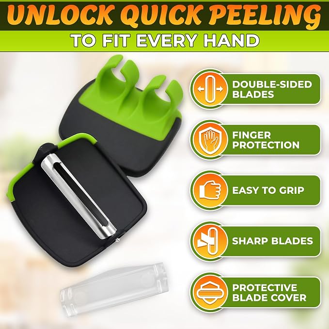 2 Pcs Finger Potato Peeler Set, Palm Peeler, Stainless Steel Blades | Finger Peeler for Vegetables with Sharp Double-Sided Blade, Silicone Palm-Fit Body, Non-Slip, Dishwasher Safe, for Veggies