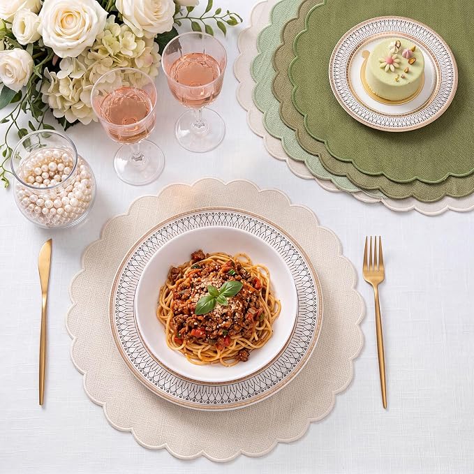 Set of 12 Green Cotton Placemats 15" Round Scalloped | Double Layered Cotton Fabric, Washable Embroidery, Classic Edge, Rustic Table Mats for Wedding Dining Table Decor