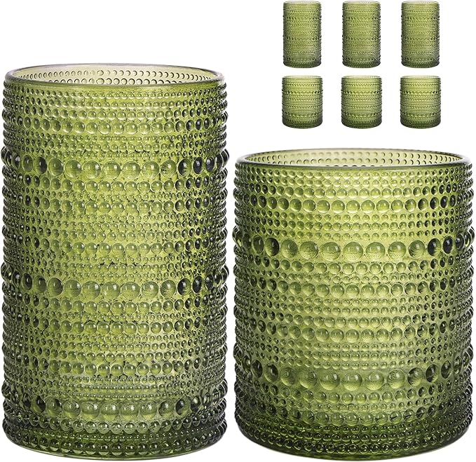 Moretoes Green Hobnail Drinking Glasses Set of 6,Glass Cups | 12 Oz Highball Glasses & 10 Oz Cocktail Glasses, Kitchen Bar Tumbler Glassware Set for Whiskey, Beer, Juice, Milk
