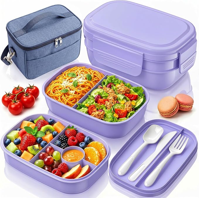 HOMETALL Bento Box Adult with Insulated Lunch Bag - 3 Stackable Leak-Proof Lunch Box Containers for Women & Men - BPA Free Lunchbox with Utensil Set (Spoon, Knife, Fork) for Work, Picnic, Dining Out