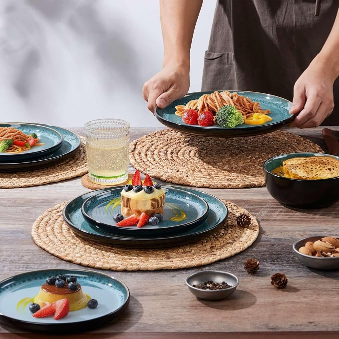 LIANYU Ceramic Dinnerware Sets for 4, 12 Piece Dishes Set, Pastel Turquoise | Stoneware Plates and Bowls, Scratch Resistant Round Kitchen, Dishwasher and Microwave Safe Dinning Ware Set