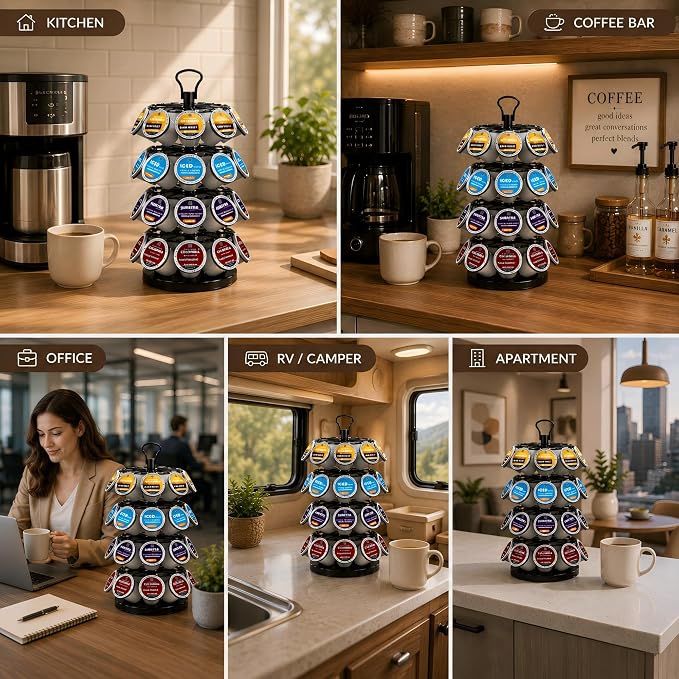 K Cup Holder-Coffee Pod Holder Organizer for 36 Pods,4-Tier K Cup Storage | K Cup Organizer,Stable Base,360°Rotating K Cup Carousel,Space-Saving for Countertop&Office,Coffee Pod Carousel Easy Assembly