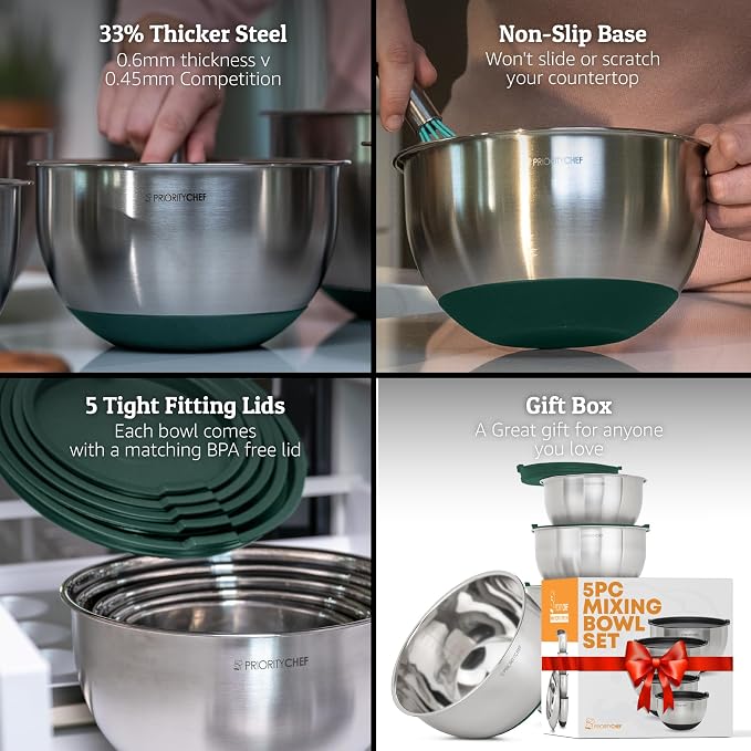 Premium Mixing Bowls With Airtight Lids Set, Thicker Stainless Steel Mixing Bowl Set, Large Prep Metal Bowls with Lids, Nesting Bowls for Kitchen, 1.5/2/3/4/5 Qrt, Green