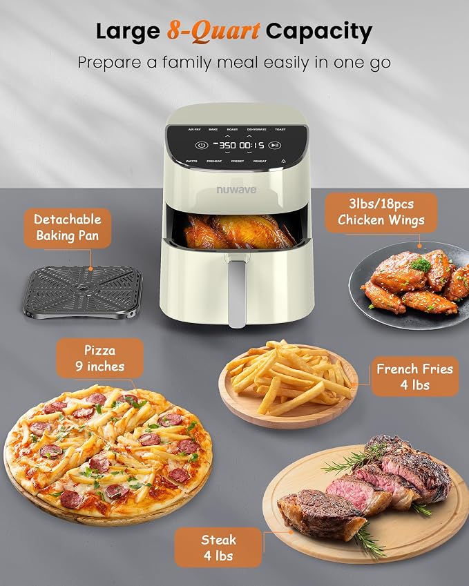 Nuwave Brio Plus Air Fryer 8 Qt, New & Improved, PFAS-Free Ceramic Coating | 7 Digital One-Touch Cook Modes:Air Fry/Bake/Roast/Dehydrate/Toast/Reheat/Preheat; 150 Presets; 50–400°F; 700/1500/1800W;Cream